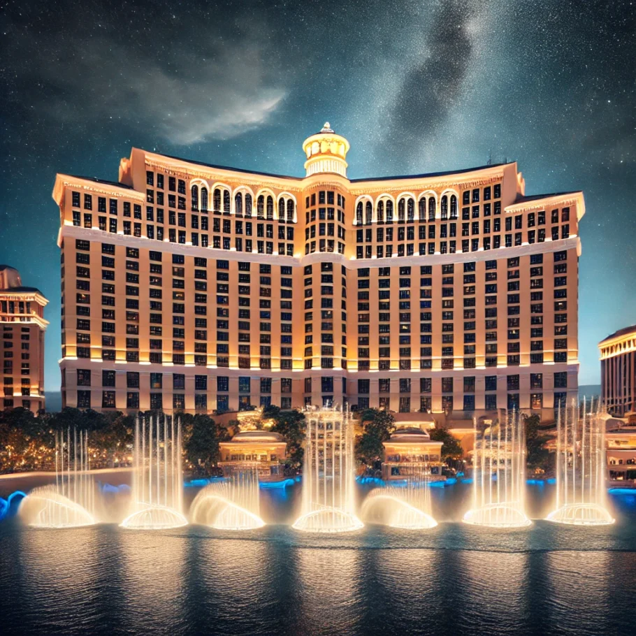 Bellagio hotel at night, with its iconic fountains illuminated