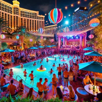 alt= "Pool party at Bellagio Pool Complex"