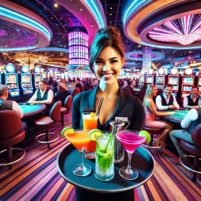 alt= "Cocktail server at Las Vegas casinos with free drinks"