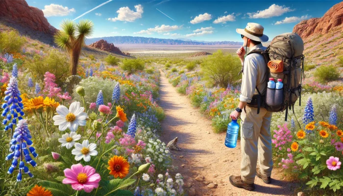 alt= "Desert trail with wildflowers, Las Vegas"