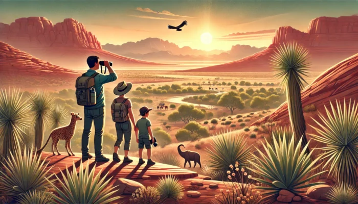 alt= "Family hiking the desert with the wildlife"