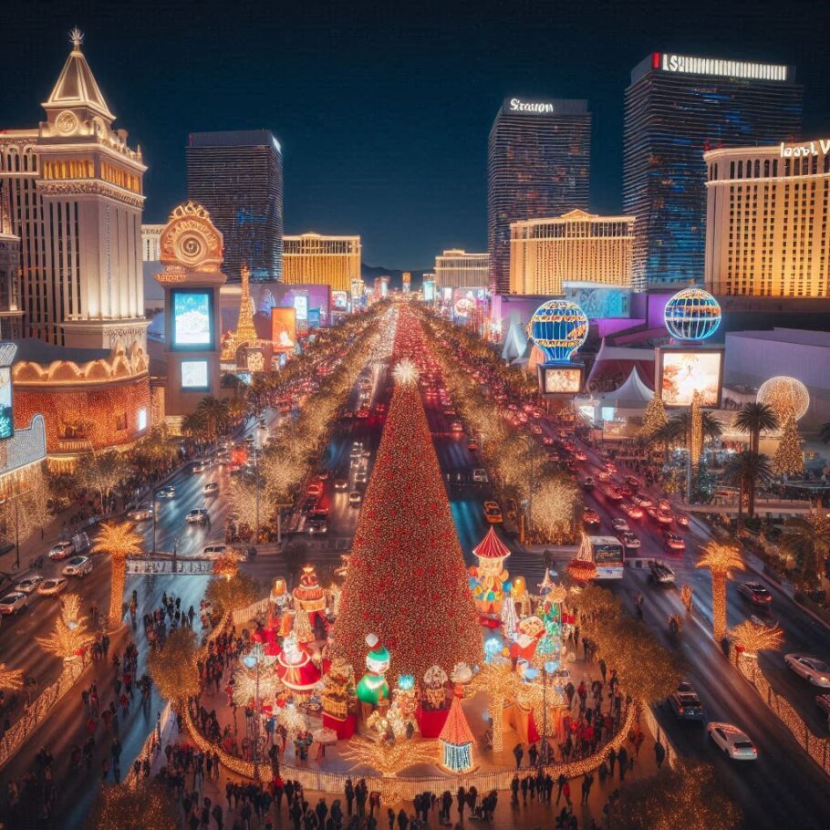 alt= "Las Vegas Strip decorated for Christmas"